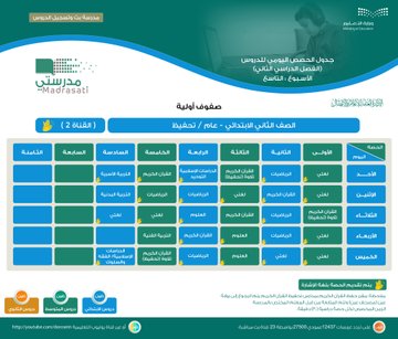 جدول حصص الأسبوع الدراسي التاسع