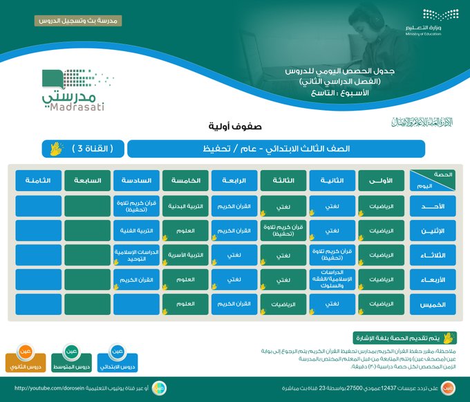 جدول حصص الأسبوع الدراسي التاسع