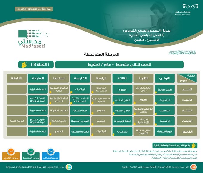 جدول حصص الأسبوع الدراسي التاسع