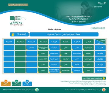 جدول حصص الأسبوع الدراسي التاسع