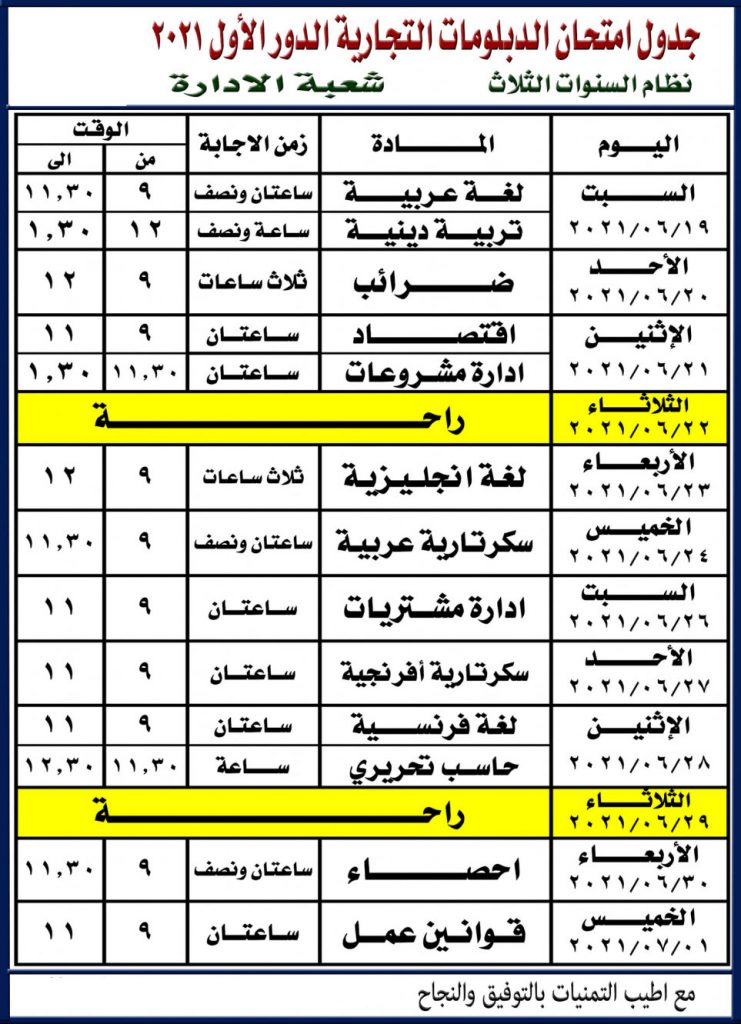 جدول امتحان الصف الثالث التجاري