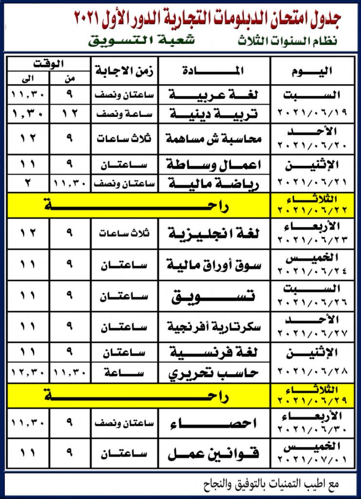 جدول امتحان الصف الثالث التجاري