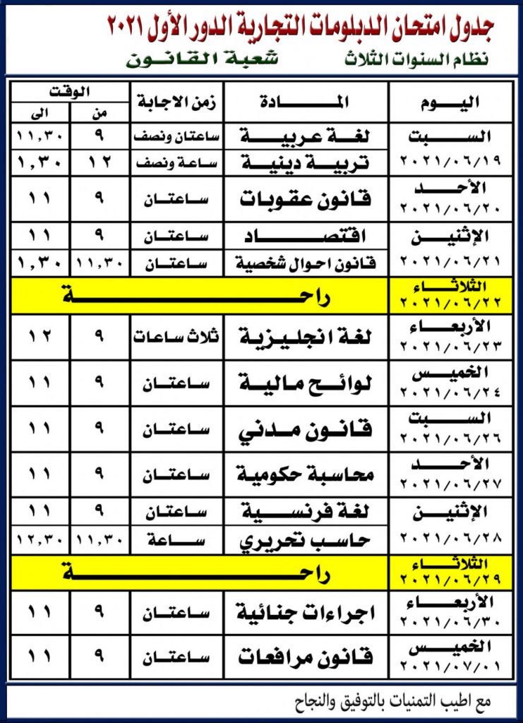 جدول امتحان الصف الثالث التجاري