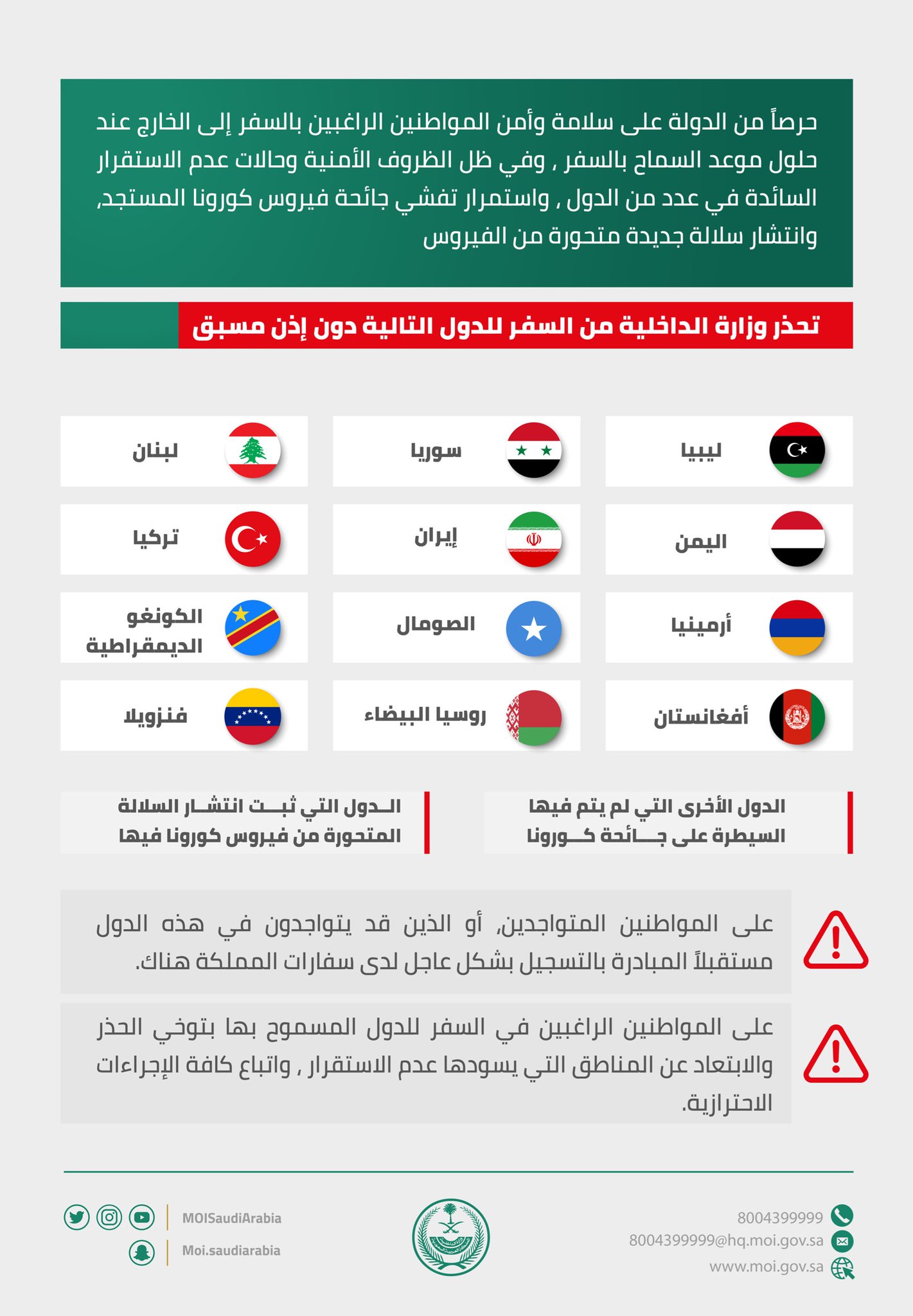وزارة الداخلية السعودية تحذر من السفر إلي الدول المحظورة وأسماء تلك الدول المحظورة