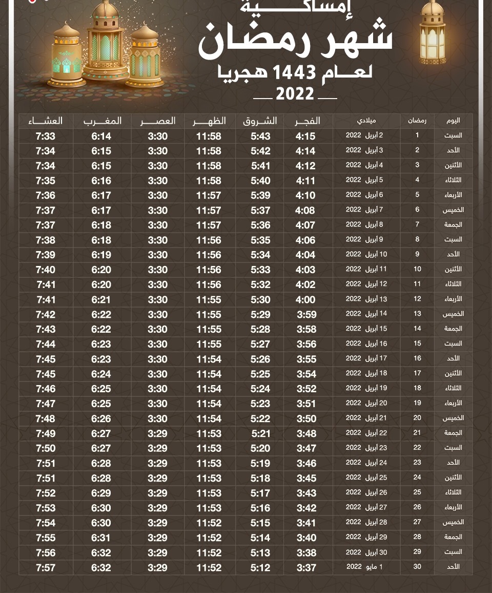 إمساكية رمضان 2022 في مصر والسعودية والإمارات والدول العربية إمساكية رمضان 1443 علمني