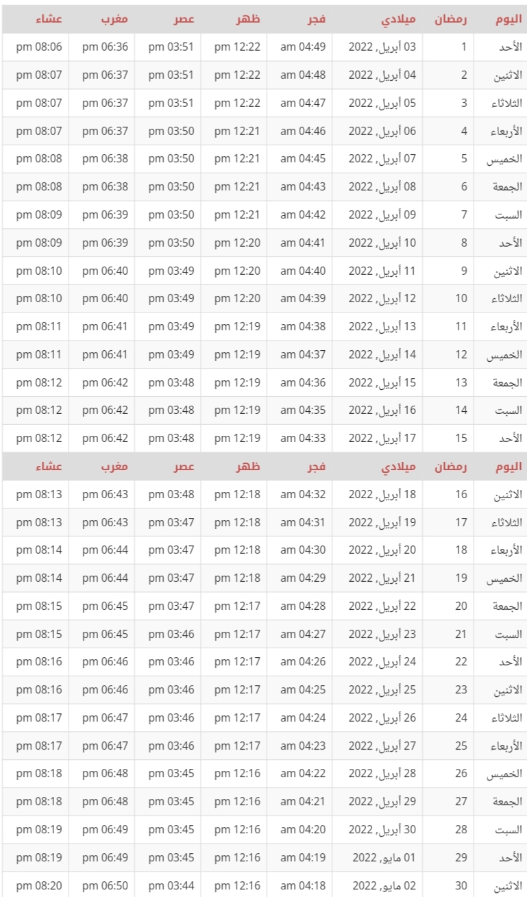 إمساكية شهر رمضان بالإمارات 2022