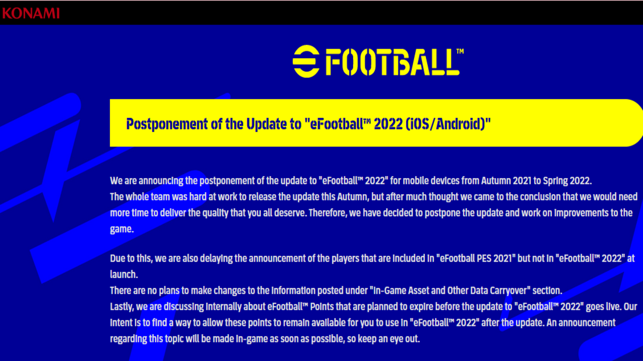 تأجيل موعد تحديث eFootball 2022 