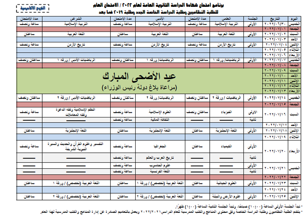 جدول امتحانات الثانوية الأردنية 2022