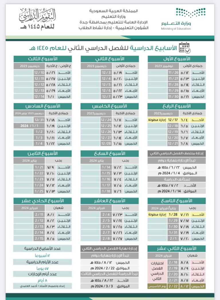 جدول الاسابيع الدراسية 1445