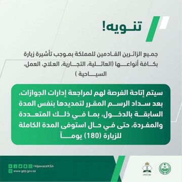 إدارة الجوازات السعودية توضح إمكانية تمديد تأشيرة الزيارة للأفراد بشروط محددة